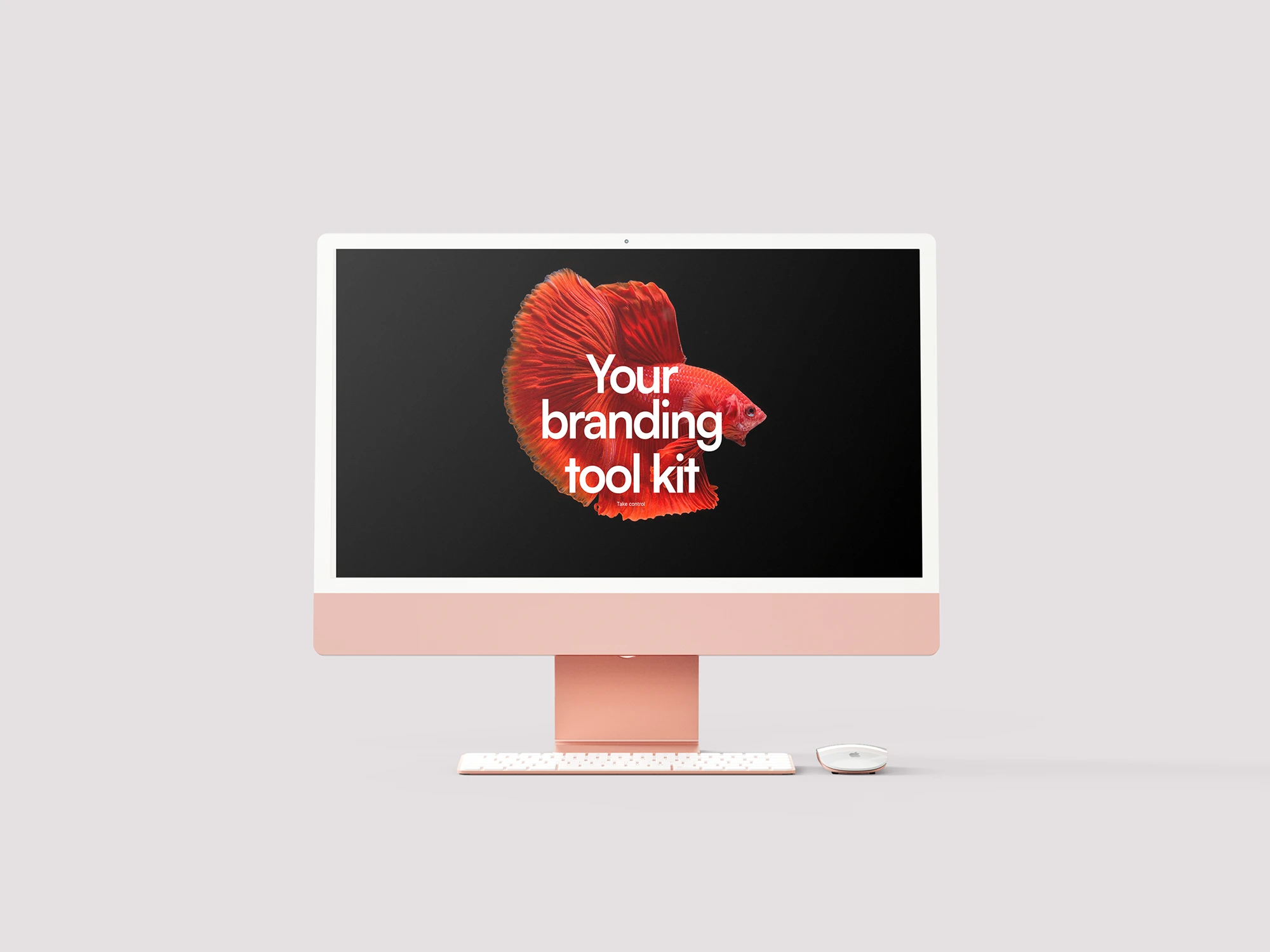 Computer monitor displaying 'Your branding tool kit' with a red fish graphic.