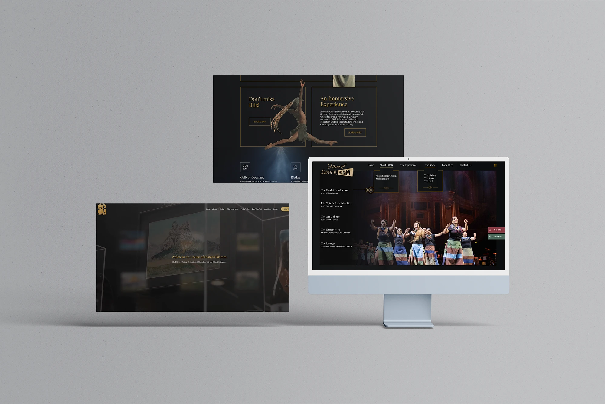 Three computer screens displaying the e-blueprint website for House of Sisters Grimm.