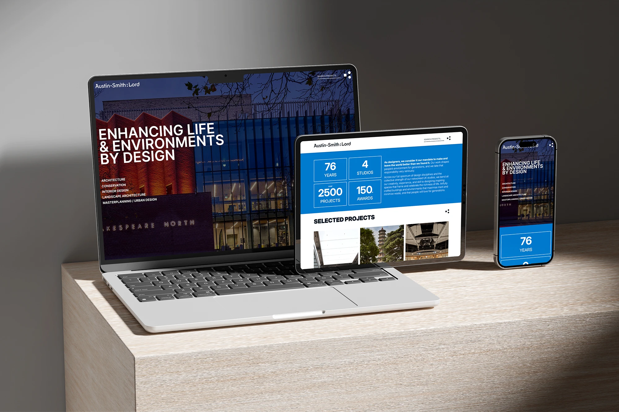 Responsive website displayed on laptop, tablet, and smartphone for Austin Smith Lord.