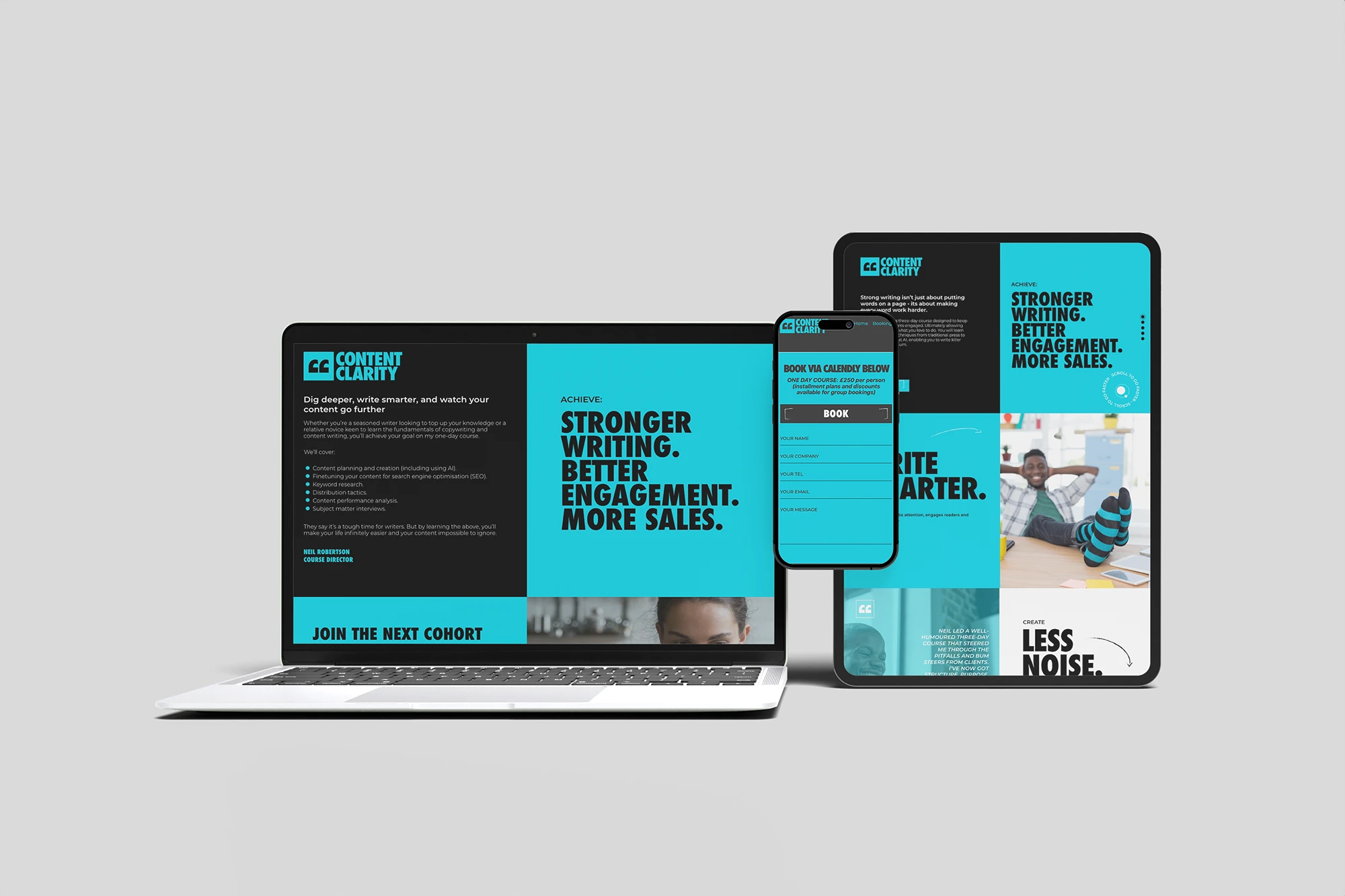 Digital devices displaying content marketing and writing services for content clarity.